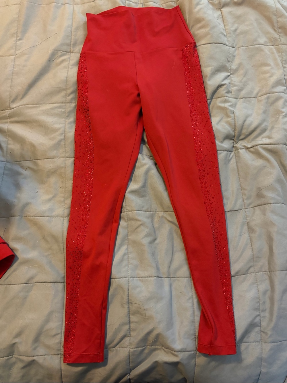 Red High-Waist Leggings with Side Diamond Embellishment